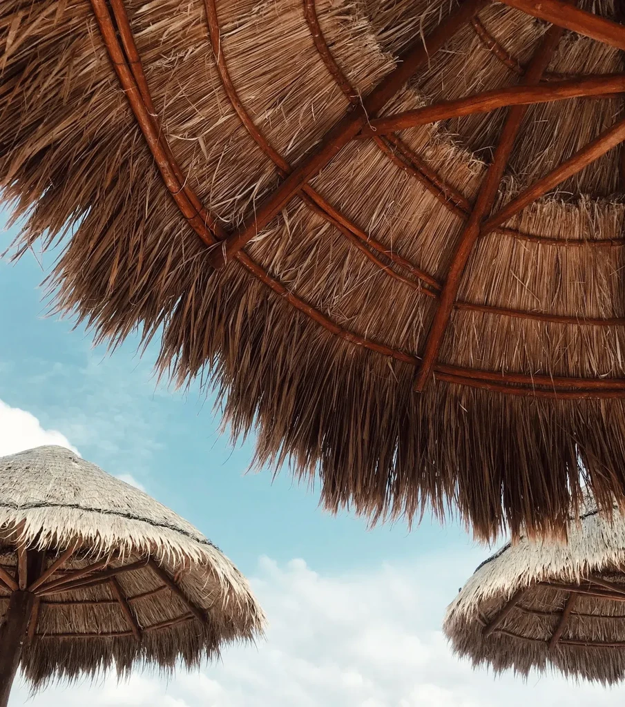 Underside of large thatched umbrella showing straw texture against blue sky.
