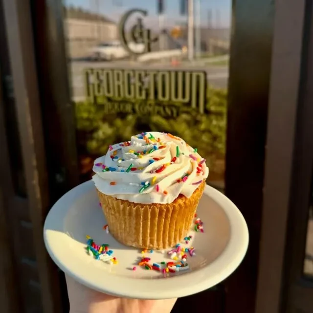 Hand holds frosted cupcake with sprinkles, reflecting Georgetown Baker Company.
