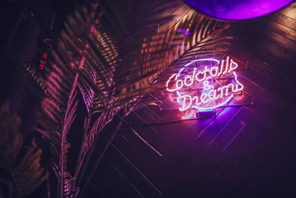 Neon sign 'Cocktails & Dreams' in white, pink, purple, behind palm fronds.