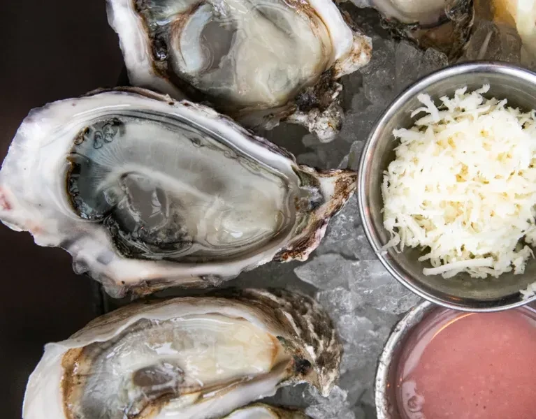 Close-up of shucked oysters on ice with horseradish and red sauce.