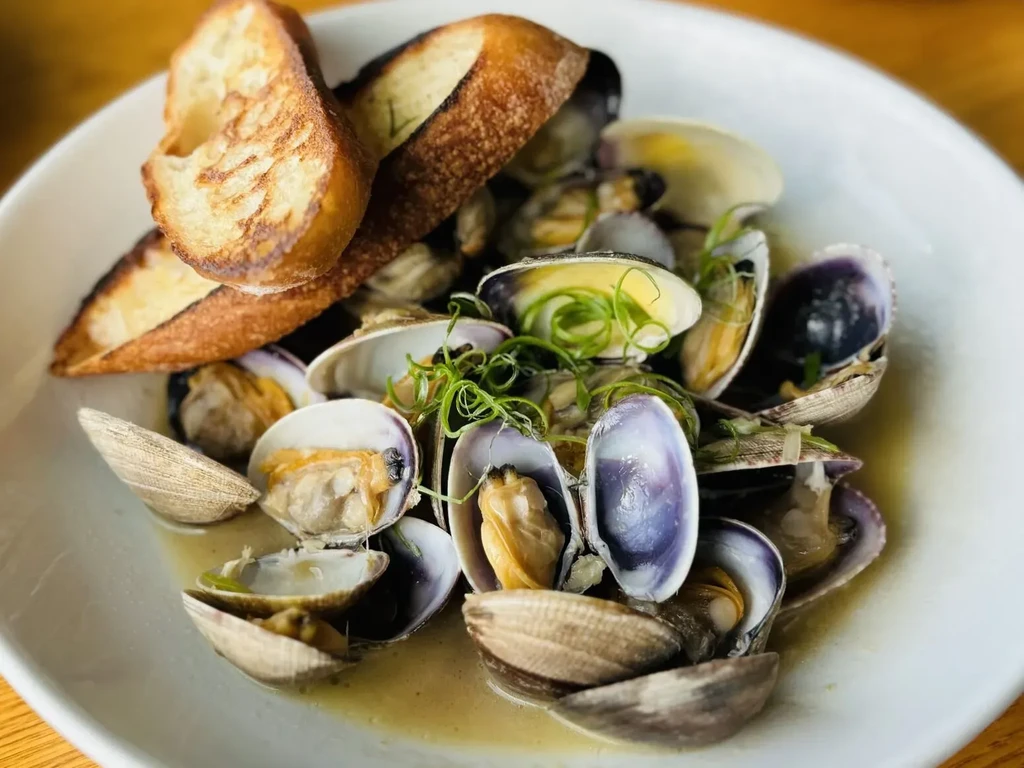 White bowl of steamed clams, broth, green herbs, and toasted baguette.