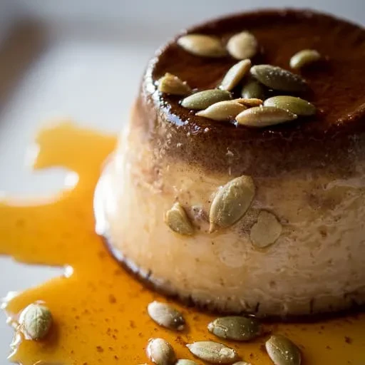 Creamy flan dessert with dark caramel, pepitas, and sauce.