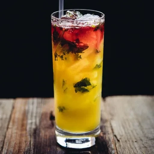 Layered yellow to purple beverage with leaves, ice on wood.