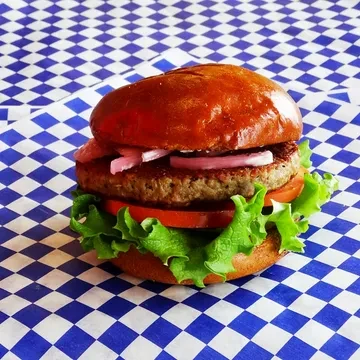 Hamburger on checkered paper with brioche bun, beef, lettuce, tomato, onion.