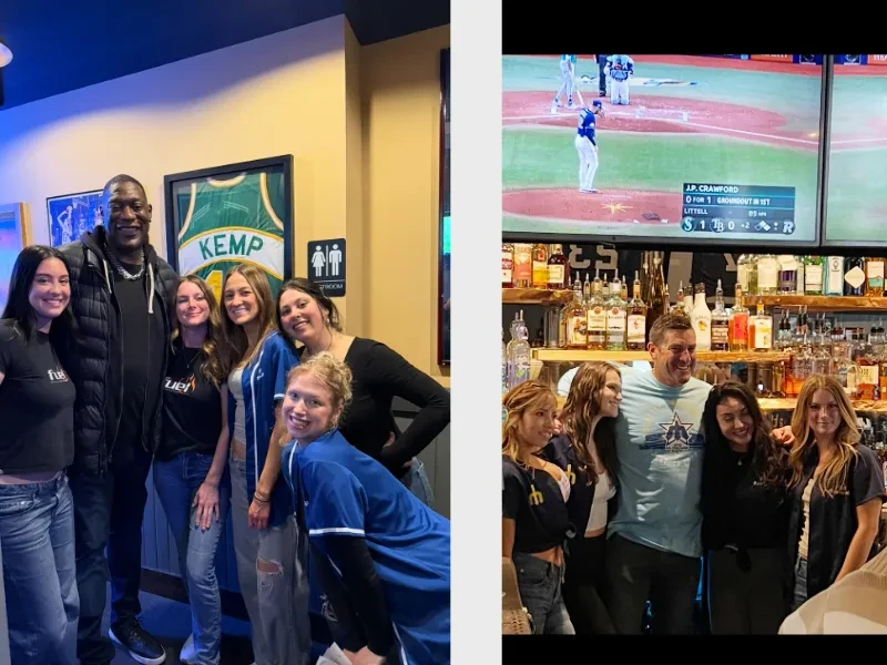 Two photos show smiling groups enjoying a casual sports bar.
