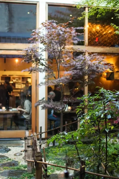 Warmly lit restaurant interior seen behind a Japanese garden with maple.