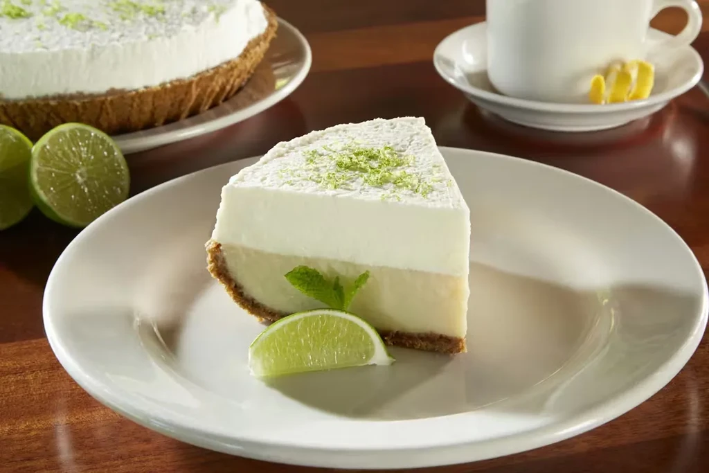 Lime pie slice with whipped cream, lime zest, and mint on a plate.