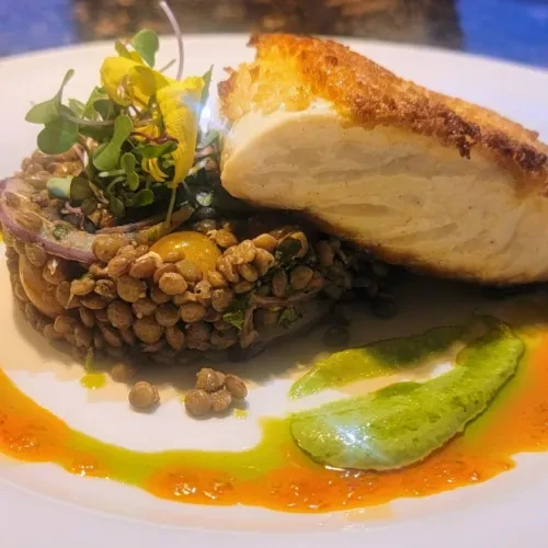 Meticulously plated pan-seared white fish with lentils, sauces, and flower.