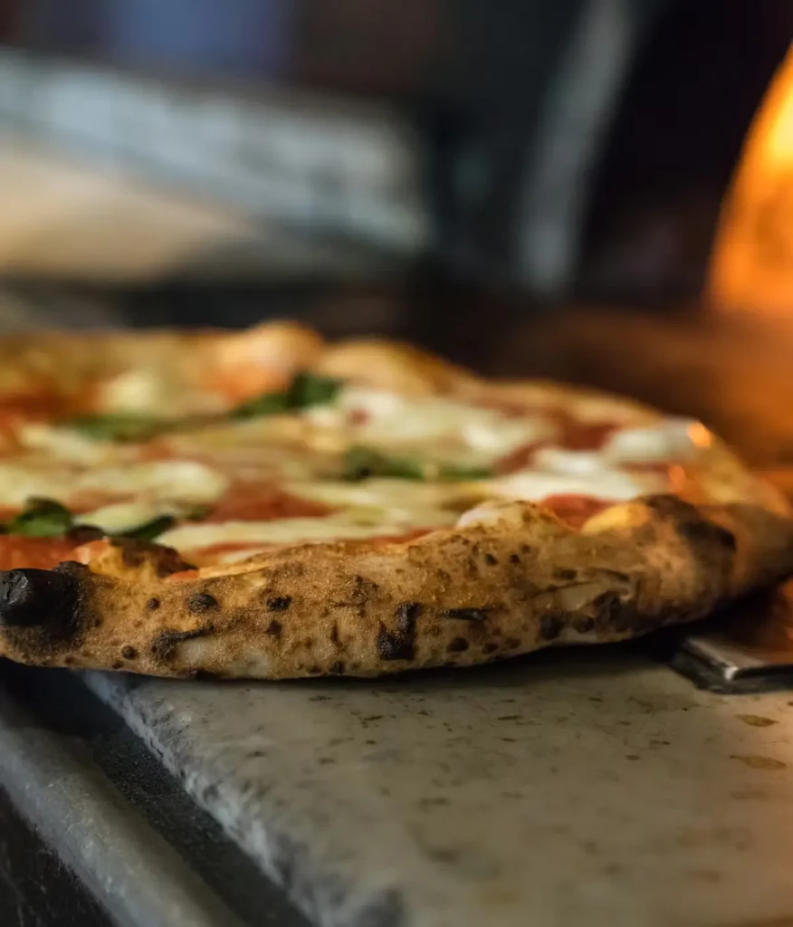Freshly baked wood-fired Margherita pizza with bubbly crust.