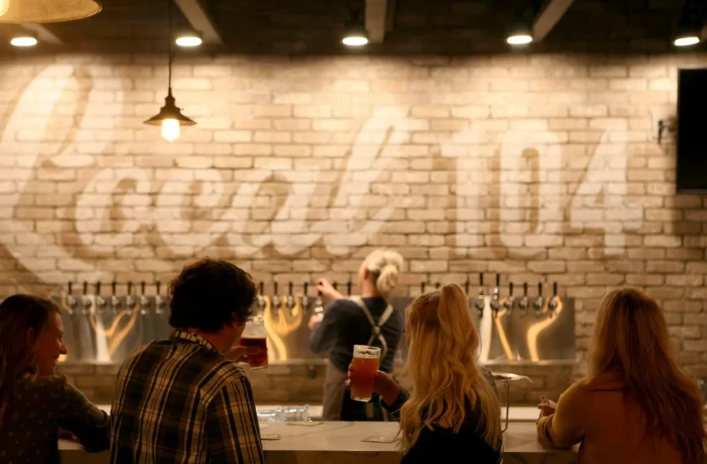 Customers and bartender at a modern brewery bar with "LOCAL 104" text.