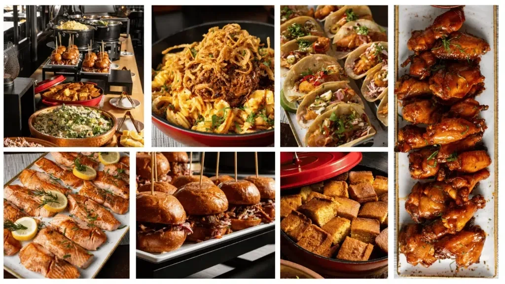 A collage of seven professional food photos from a restaurant or event.