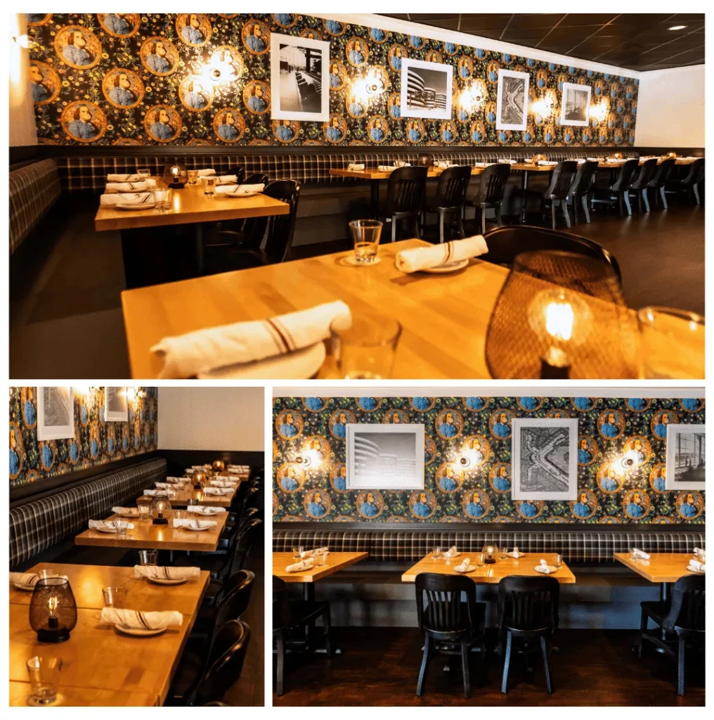 Collage: Restaurant interior with historical figure wallpaper, wooden tables, warm lighting.