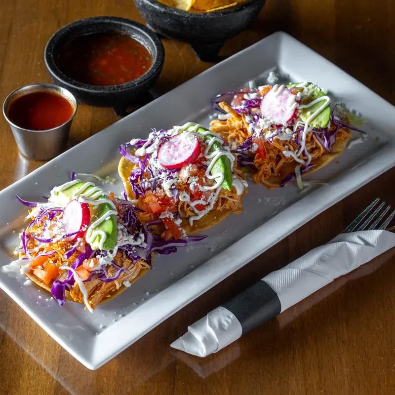 Three colorful tostadas topped with chicken, avocado, radish, salsa, and chips.