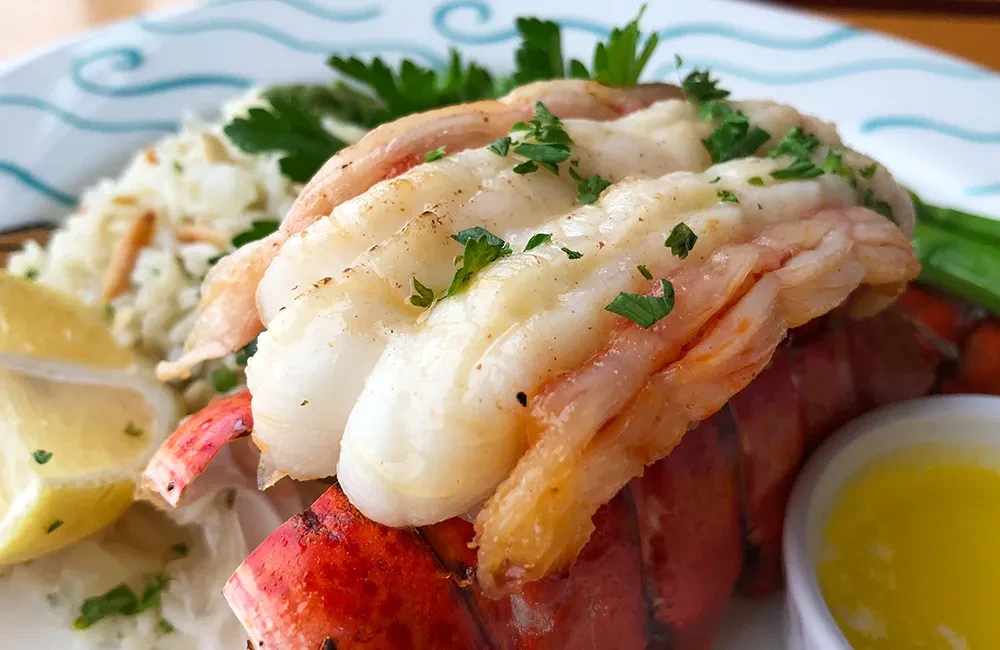 Cooked split lobster tail with lemon, herbs, rice, and melted butter.