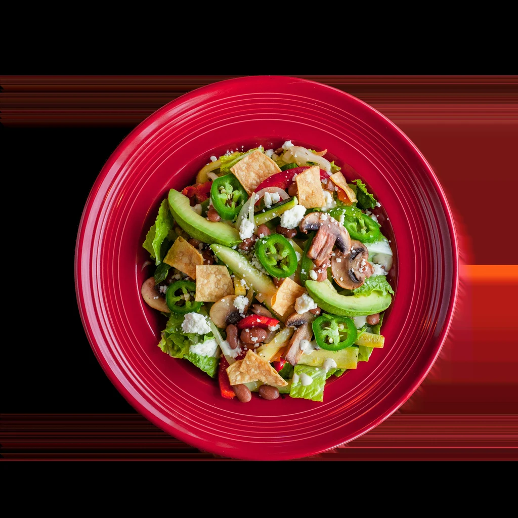 Colorful salad with avocado, cheese, and tortilla strips in a red bowl.