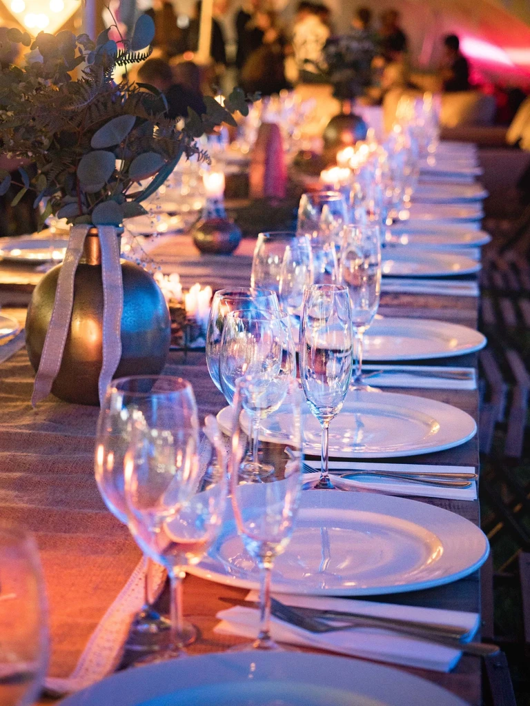 Candlelit long dining table set with plates, sparkling glasses, and green foliage.