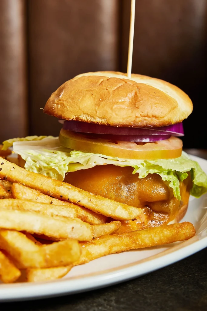 Close-up cheeseburger with melted cheese and fries on a plate.