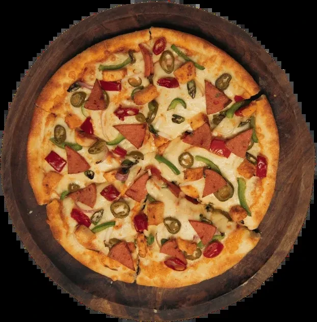 Round pizza topped with cheese, meat, chicken, and vegetables on a board.