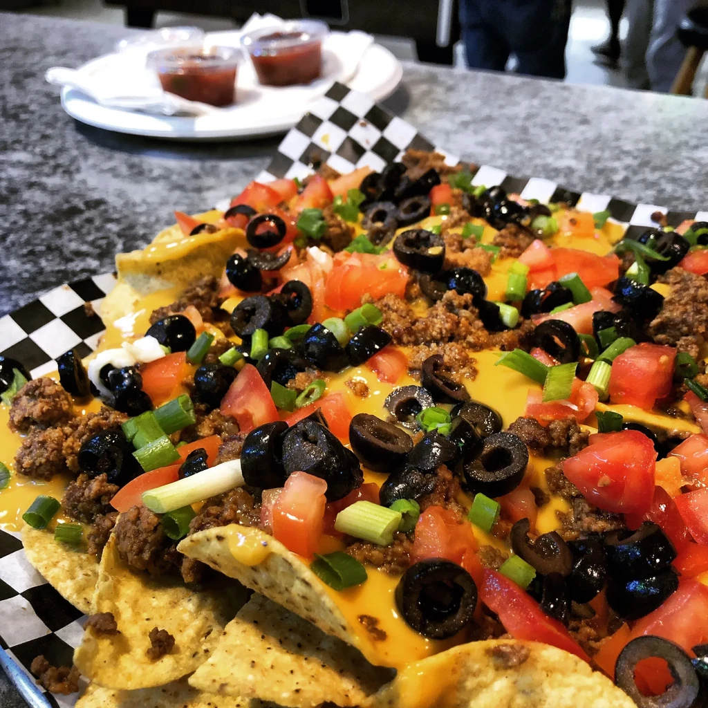Generous nachos with cheese, ground meat, olives, tomatoes, green onions.