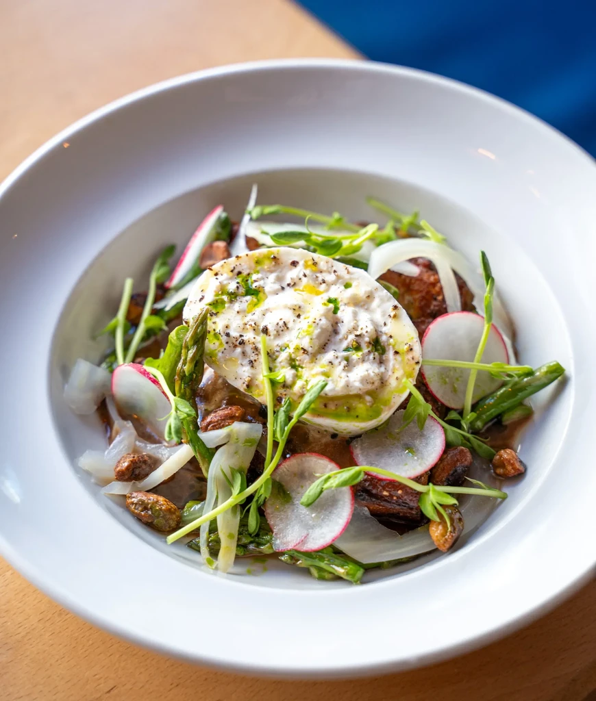 Gourmet salad with creamy white cheese, radishes, asparagus, and pea shoots.