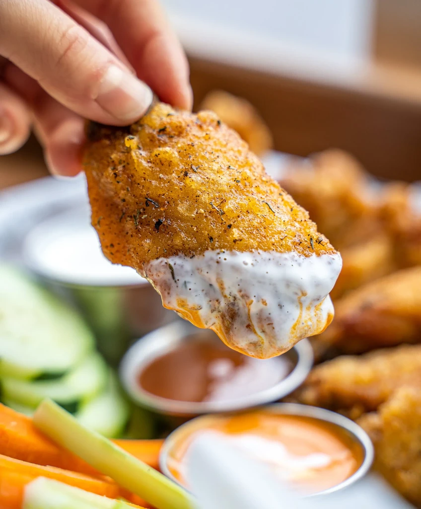 Hand holding crispy, seasoned fried chicken dipped in white sauce.