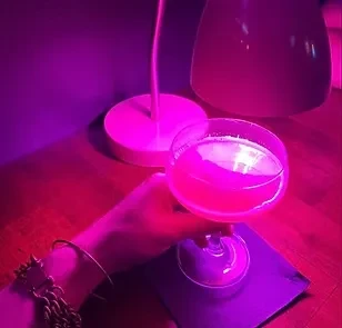 Hand holding a vibrant pink cocktail in a dim, purple-lit lounge.