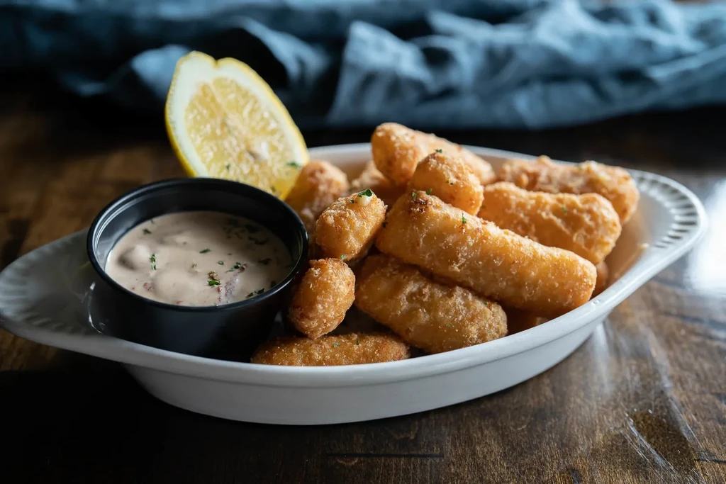 Fried, breaded rectangular food with dipping sauce and lemon wedge.