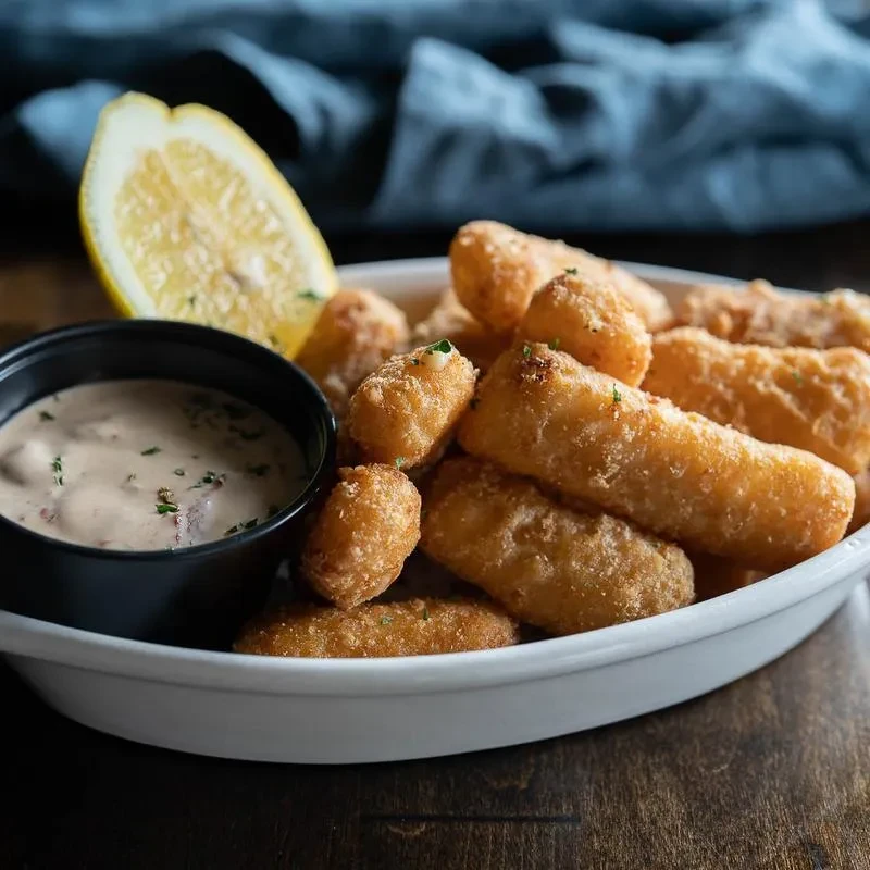 Crispy fried breaded sticks, dipping sauce, and lemon in a white bowl.