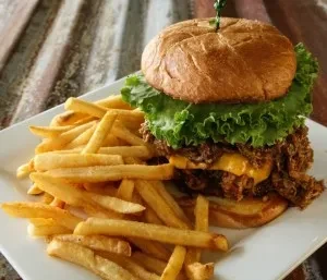 Top-down view of a burger with shredded meat, melted cheese, and fries.