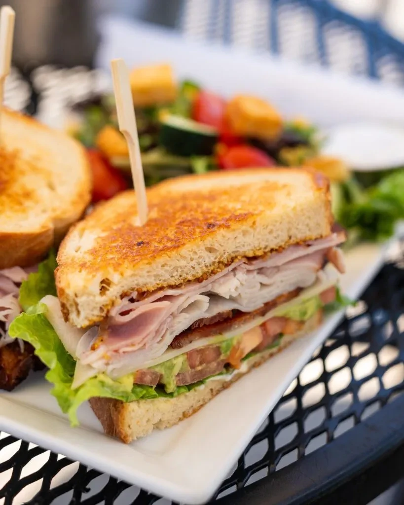 Toasted club sandwich, cut in half, with a blurred side salad.