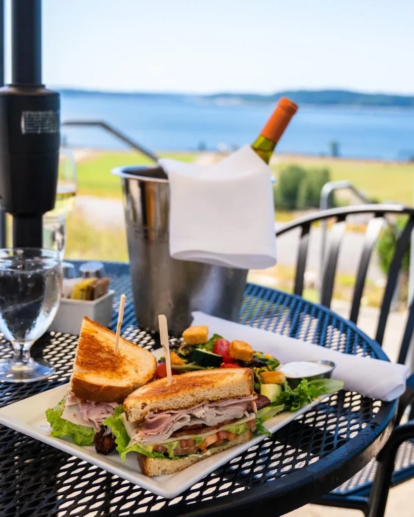 Club sandwich, salad, and wine on a table with a lake view.