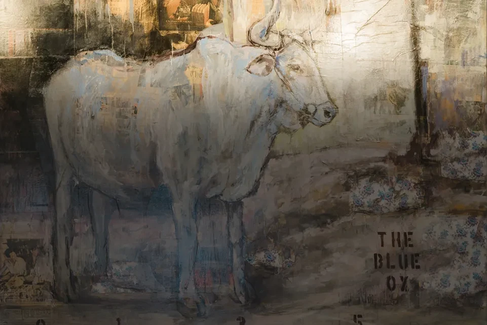 Textured mixed-media art of a white ox on a distressed collage background.