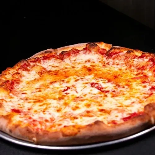 Golden-brown cheese pizza with melted mozzarella and visible red sauce.