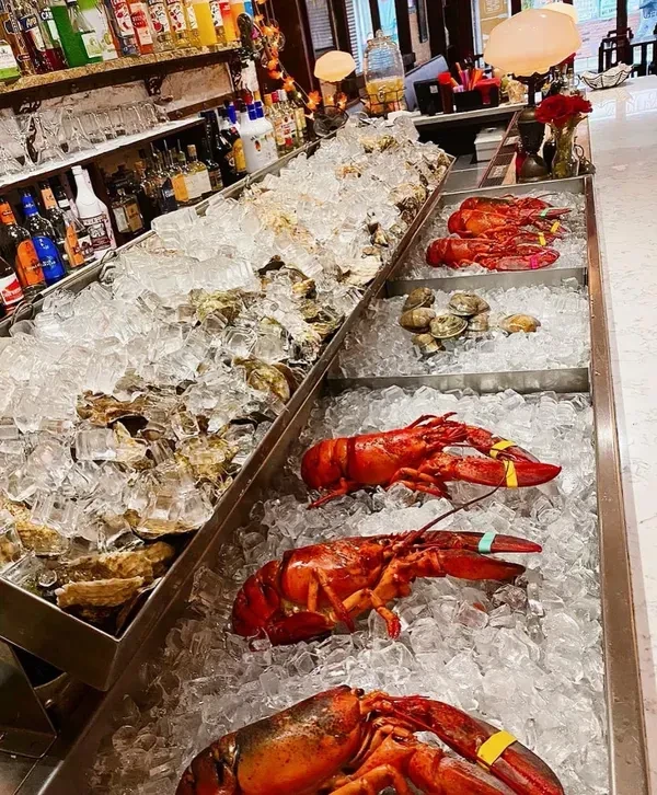 Fresh seafood display of oysters, red lobsters, and clams on ice.