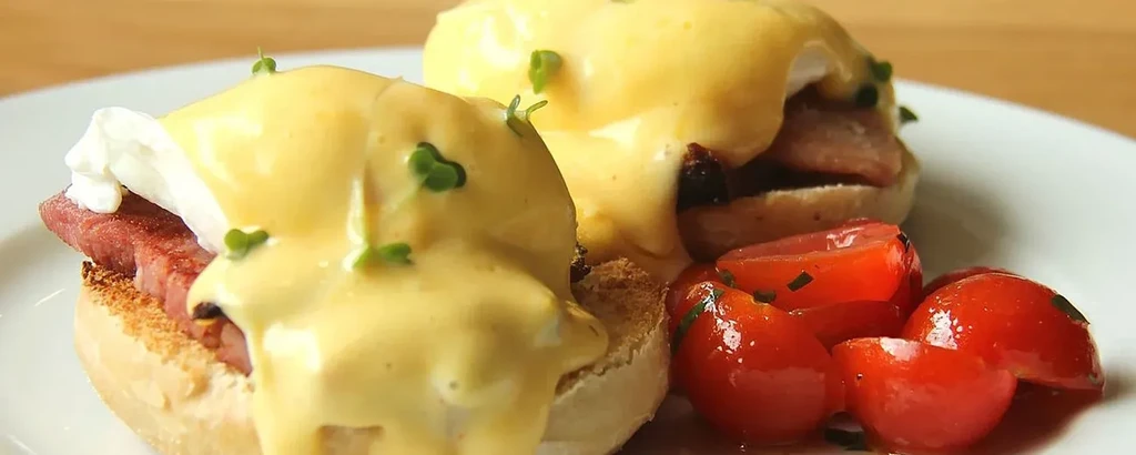 Two portions of Eggs Benedict with hollandaise, bacon, and cherry tomatoes.