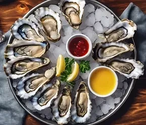 Fresh shucked oysters on ice with two sauces, lemon, and parsley.
