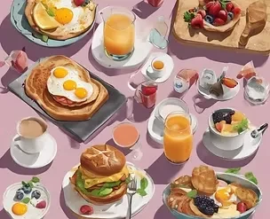Overhead view of a diverse breakfast or brunch spread.