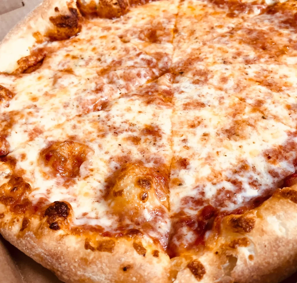 Close-up of a hot cheese pizza with golden crust and melted mozzarella.