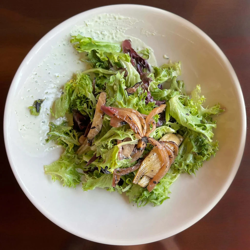Overhead salad of mixed greens, charred onions, and light dressing.