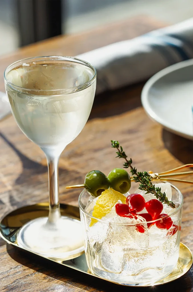 Two cocktails, one clear and one with berries, on a golden tray.
