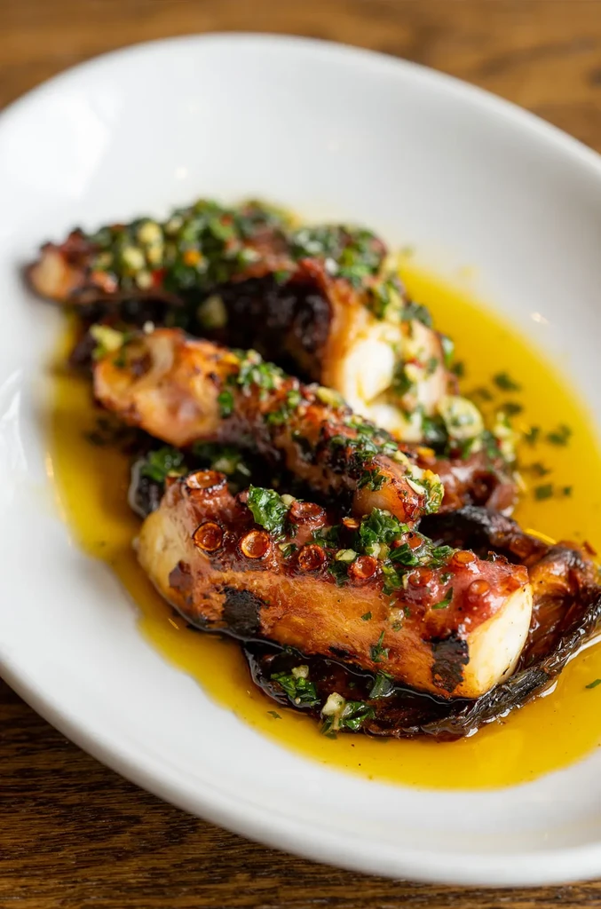 Golden-brown grilled octopus with vibrant green salsa on a white plate.