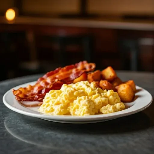 Close-up of a breakfast plate featuring eggs, bacon, and golden potatoes.