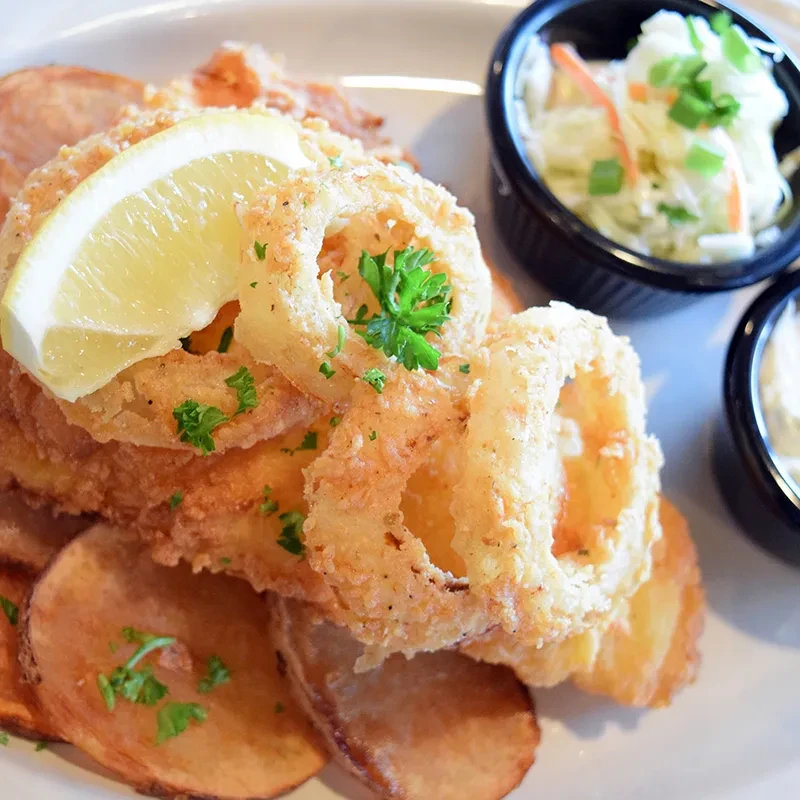 Fried breaded rings, potato chips, coleslaw, and creamy white dip.