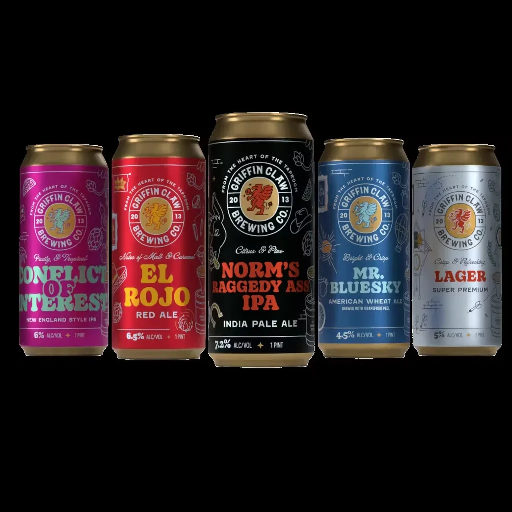 Five distinct, upright Griffin Claw beer cans, staggered on black.