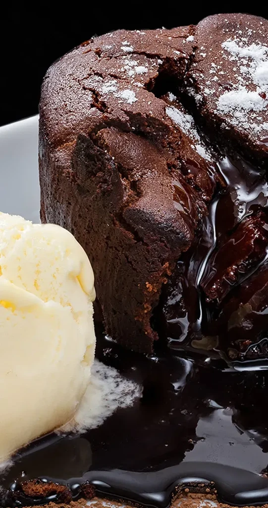 Chocolate lava cake with molten center, powdered sugar, and vanilla ice cream.