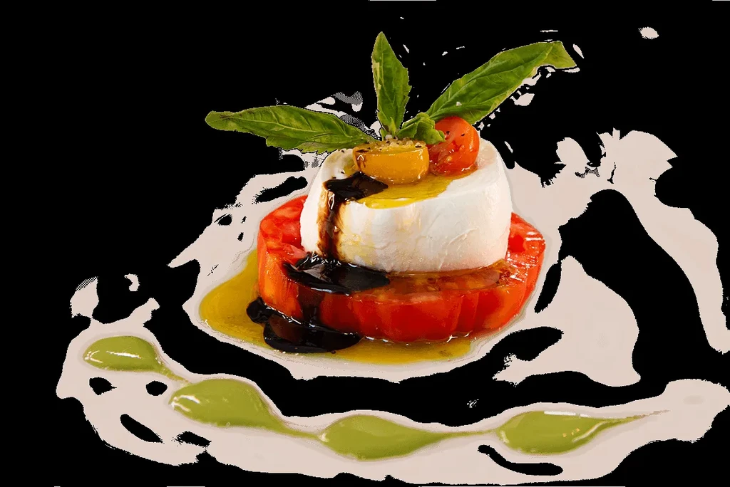 Caprese salad with tomato, mozzarella, basil, olive oil, balsamic glaze.