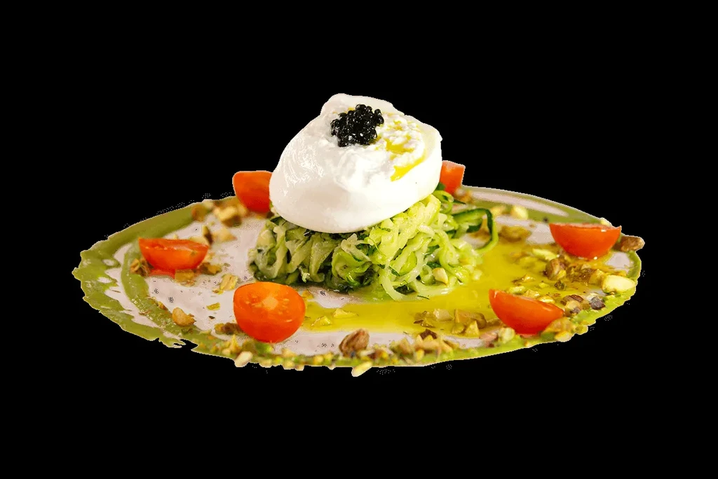 Burrata with zucchini noodles, caviar, tomatoes, pistachios, and green sauce.