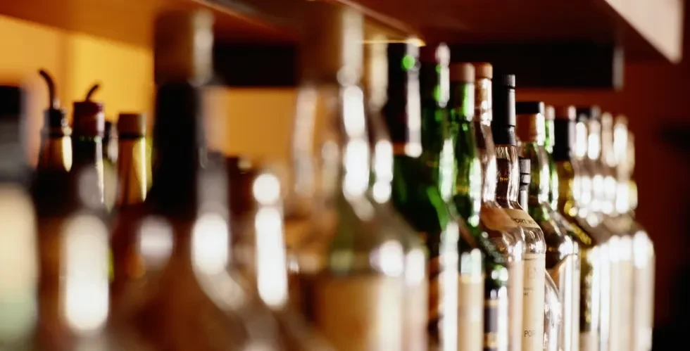 A row of liquor and wine bottles on a warmly lit bar shelf.