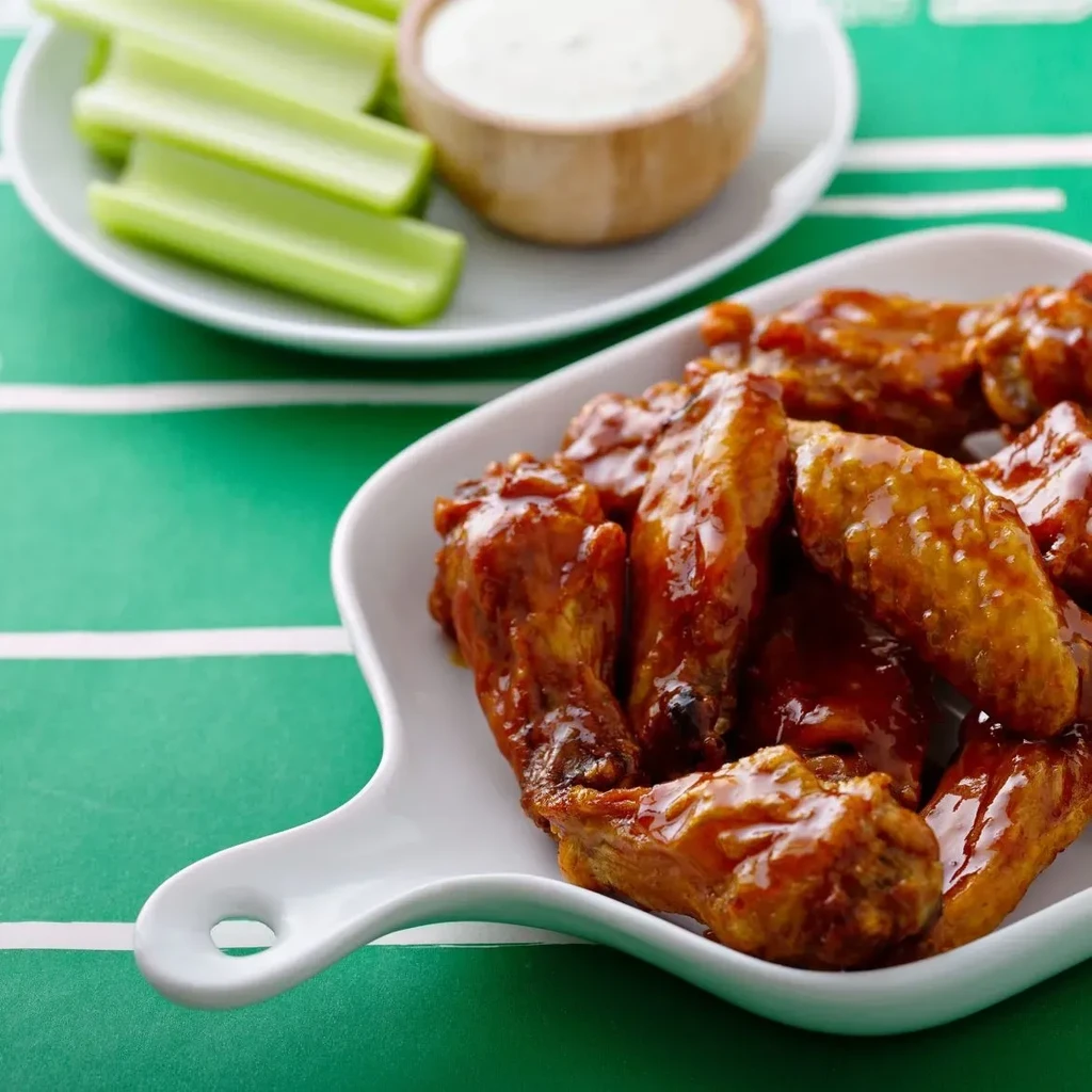Glazed chicken wings with celery and dip on a football field.