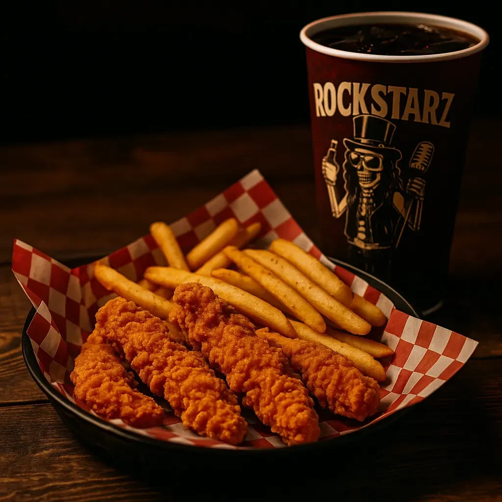 Basket of fried chicken tenders and fries with a Rockstarz soda.